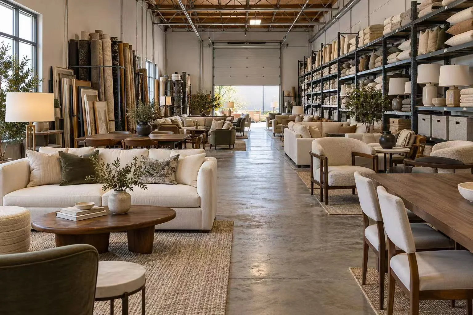 A furniture warehouse: sofas, armchairs and dining tables set out on rugs, with rolled rugs, framed art and shelves of cushions and lamps